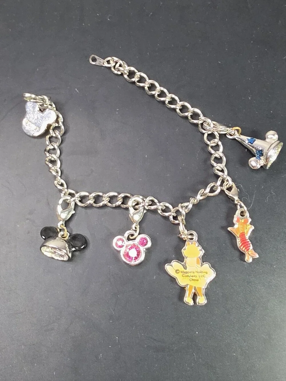 Kids Disney Silver Charm Bracelet with Pink and Black Mickey Charms